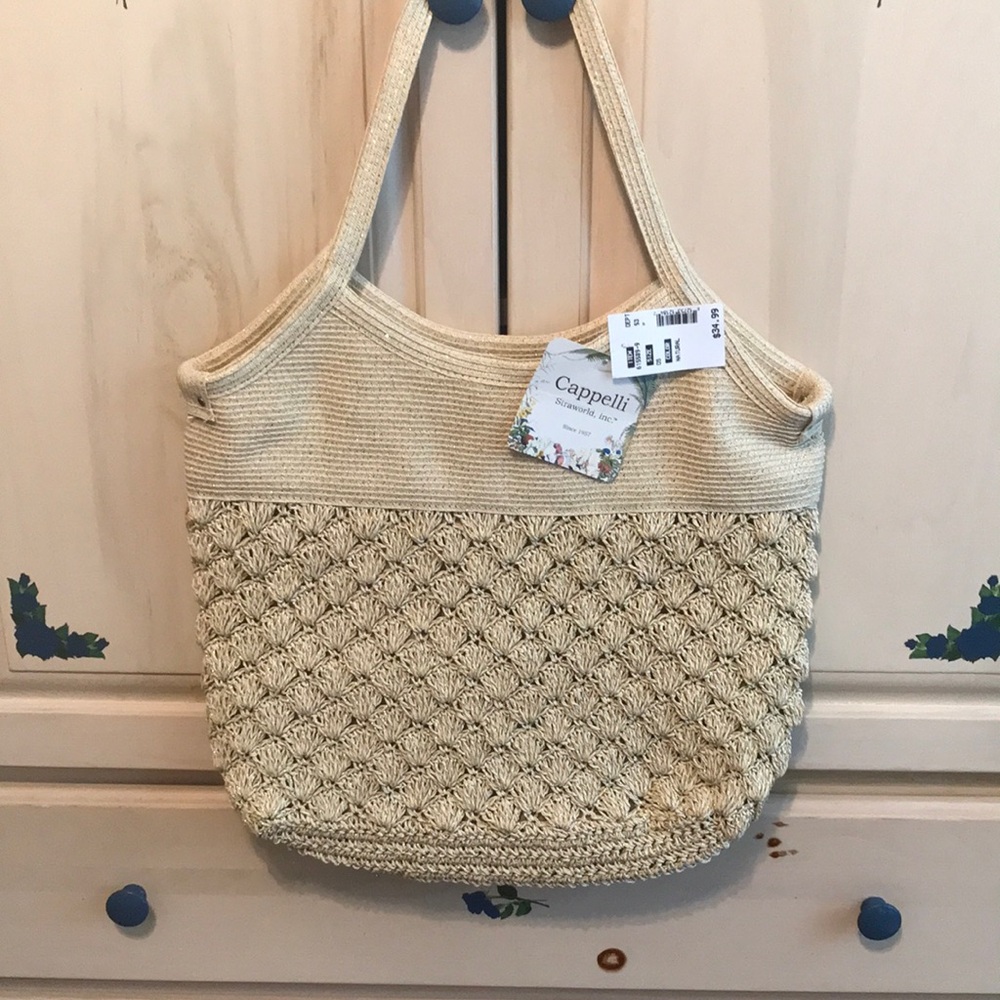 Capelli of New York Strawwoven Cream Crochet Tote Bag